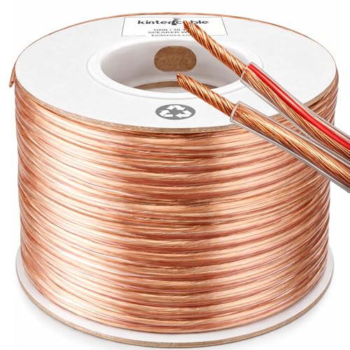 Kinter Cable 100ft 12-Gauge Audio Stereo Speaker Wire 30.48 Meters 2 Conductor Polarity Marked Clear PVC, CCA, Spool in Box, for Home Theater, HiFi, Surround, Car Audio, 105 High Strand Count (.2 OD)