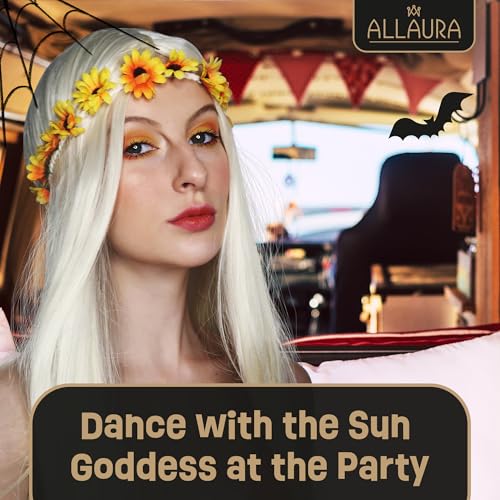 Image of ALLAURA Flower Headband Costume Hippy Wigs for Women 70s Costume + Removable Flower Headband Wig Long Blonde Wig Hippie Women