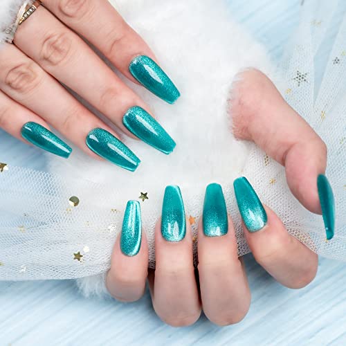 Sun&Beam Nails Handmade Press-On Medium Long Coffin Ballerina with Nile Blue Cat Eye Design Charm Cute False Nail Tips 10 Pcs (#84 S) - Image 2