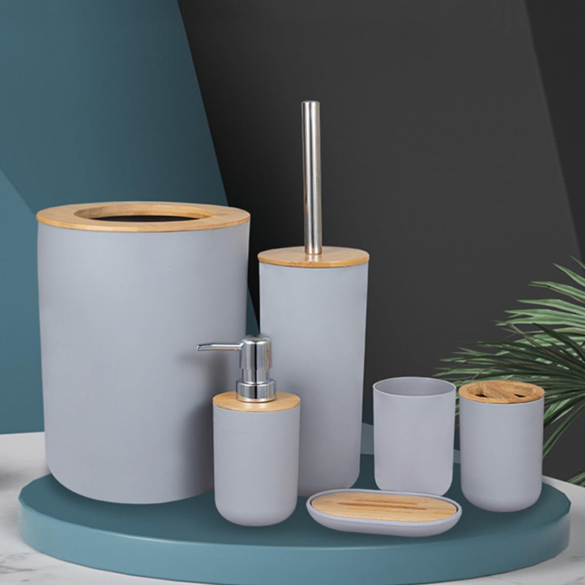 SHINEOFI Juego de Accesorios de Baño de Bambú y Plástico, Soporte para Cepillo de Dientes y Dispensador de Loción, Fácil de Transportar y Almacenamiento Conveniente para Baño