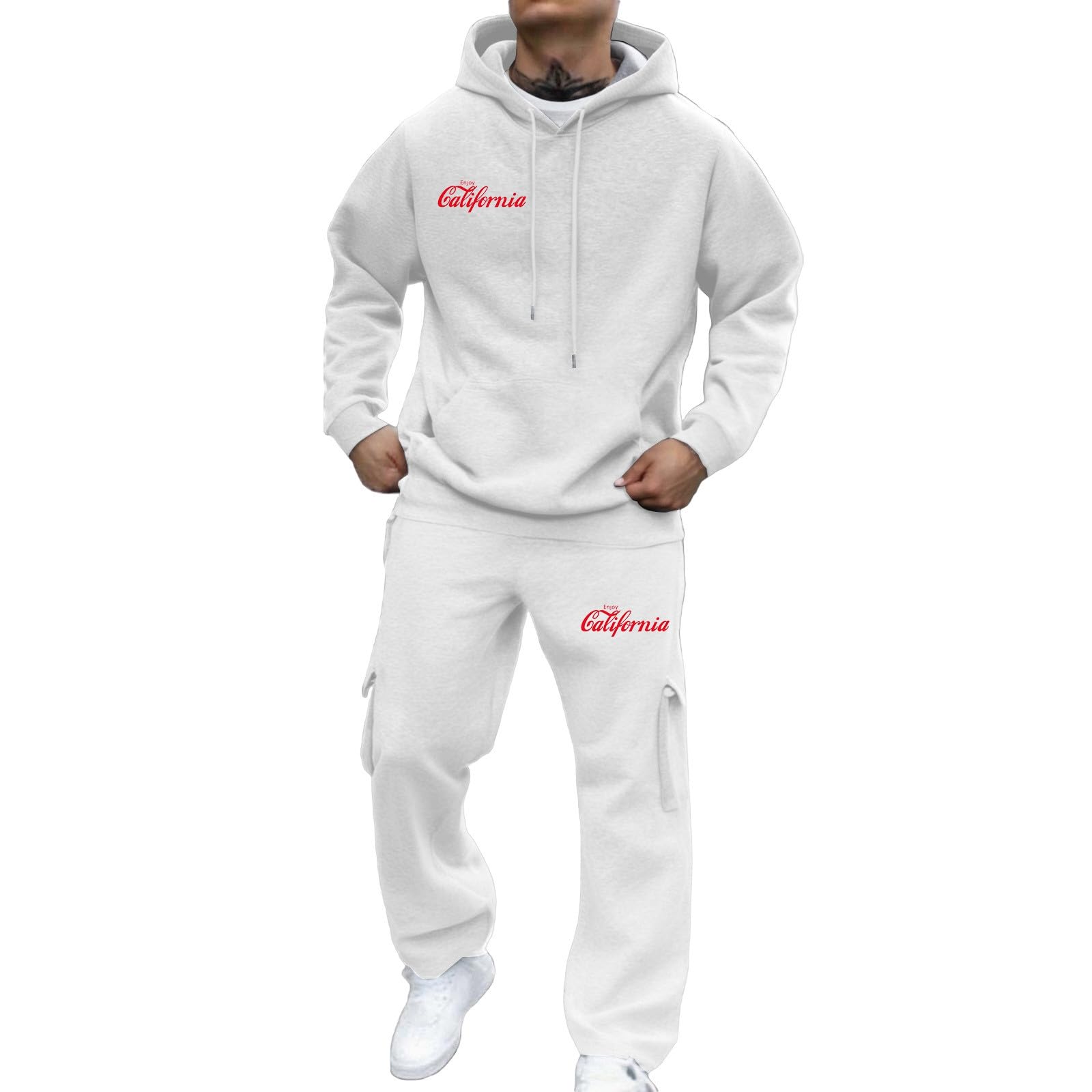 Tuta da uomo con cappuccio stampata, abbigliamento casual, comodo maglione da jogging, elegante outfit in due pezzi abbinato