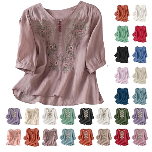 Image of Peasant Blouses for Women Peasant Tops for Women Embroidered Tops 3/4 Sleeve Boho Cotton Linen Shirts Plus Size V Neck Tunic Blouses Light Blue L