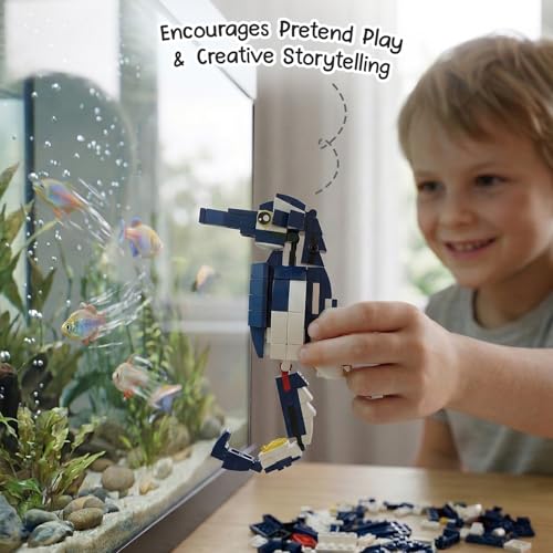 Image of Intelliskills Think Blocks: 3-in-1 Aquatic Animals 118 Piece Set,Shark, Squid&Seahorse, Model Building Kit for Kids,STEM Construction Set for Toddlers,Assemble&Play Game,Activity&Gifting Toy (Blue)