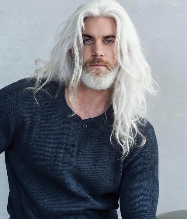 Sabosi Mens White Curly Long Wig Heat Resistant Synthetic Costume Wig for Daily Halloween Party Cosplay