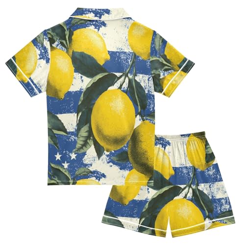 Satin Pajama Sets Short Sleeve Lemon Branches on Flag Button Down Silky Nightwear 2 Piece PJS 5Y,2