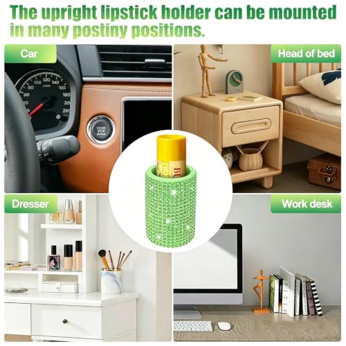 Image of Upright Car Chapstick Holder, Bling Insulating Lip Balm Holder,Rhinestone Car Accessories for Women Interior ,Suitable for Most Vehicles. (Green)