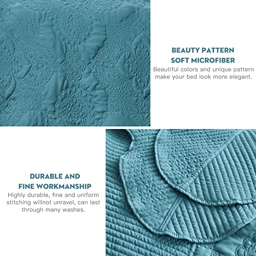 Image of HZ & HY Oversized King Bedspreads, Stitched Damask, Lagoon Blue | Generous Coverage, 5-Piece Quilt Set, Lightweight Reversible Coverlet, Scalloped Edge, King /Cal King