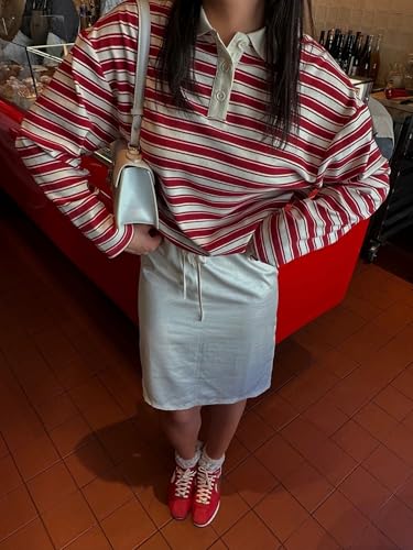 Sunloudy Women Oversized Rugby Polo Shirt Preppy Long Sleeve Striped Lapel Collared Vintag Sweatshirt Teen Girl Pullover Top4