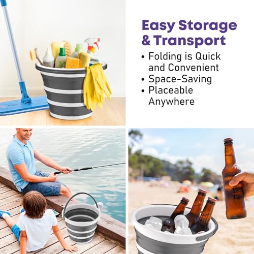 Image of Superio Collapsible Bucket 2 Gallon Bucket with Handle Grey Car Wash Bucket Small Foldable Silicone Pail for Camping, Fishing, Cleaning, Mopping, 10 Liter