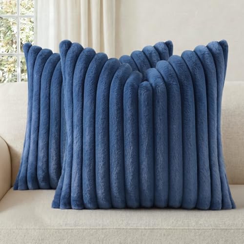 Image of Pallene Faux Fur Plush Throw Pillow Covers 18x18 Set of 2, Luxury Soft Fluffy Striped Decorative Pillow Covers for Sofa, Couch, Living Room, Navy Blue