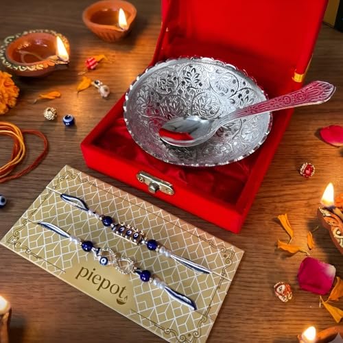 Image of Rakhi for Brother, Rakhi Gift Set for Brother, German Silver Bowl and Spoon with Designer Rakhi, Premium Raksha Bandhan Gift Hamper, Velvet Gift Box, Festive Gift