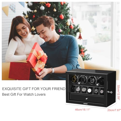 DUKWIN Watch Winder for 4 Automatic Watches, Watch Winders with Watch and Jewelry Storages, Super Quiet Mabuchi Motor with High-Gloss Piano Lacquer Finish,Built-in Illumination