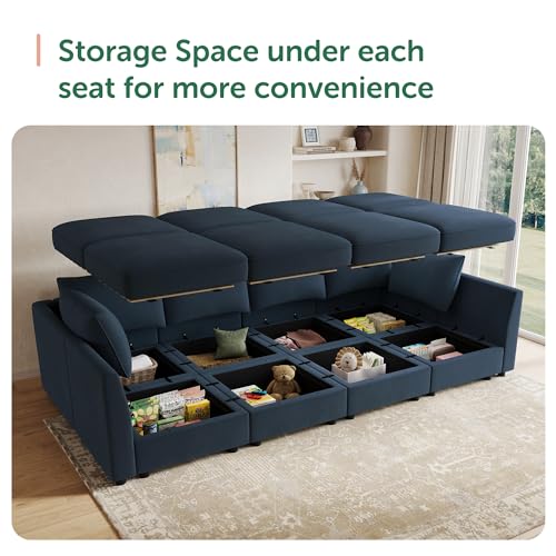 Image of HONBAY Modular Sectional Sofa Velvet Sleeper Couch with Storage,Dark Blue | Easy to assemble,Hidden Storage,Removable Cushion,Sectional Couches for Living Room,Pet-friendly Fabric