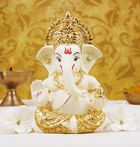 Gold Art India Vergulde Off White Ganesha voor auto Dashboard, Gifting, Home Decor, Diwali, Hindoe god Ganesha