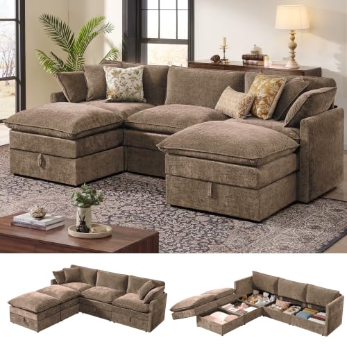 Image of Ihanherry 103 inch Modular Sectional Sofa with Storage, U Shaped Cloud Couch with Movable Ottomans & 4 Pillows, Chenille Deep Seat Sectional Couches for Living Room, Apartment (Brown)
