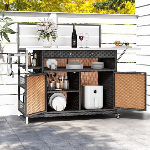 Image of DWVO XL Outdoor Bar Table & Storage Cabinet, Wheels and Stainless Steel Extended Table Top, Patio Bar Table with Side Handle for Patio Kitchen or Bar Cart, Dark Brown