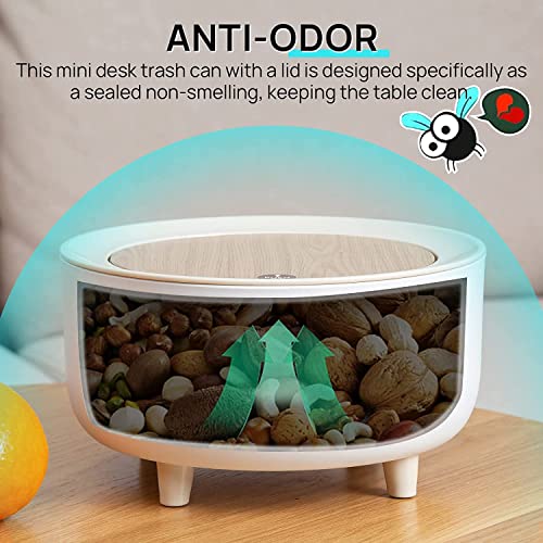 Image of Small Dustbin with Lid - Mini Desktop Trash Can Pop up Tiny Tabletop Garbage Can Portable Wastebasket for Bathroom Vanity, Desktop, Tabletop, Round Press, White, ABS Plastic
