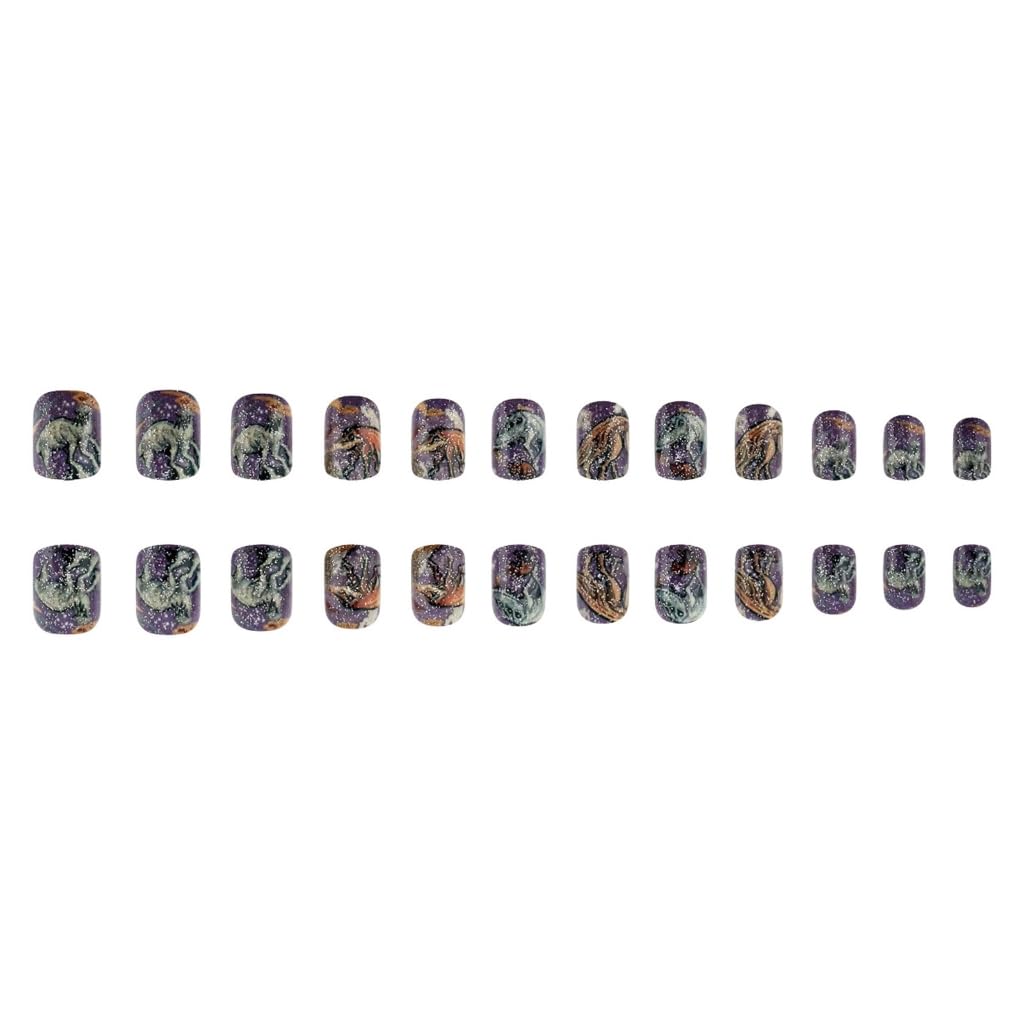 24Pcs for Women Shimmering Dinosaur Nails Full Covers Stick on Nails for Independence Day Festivities