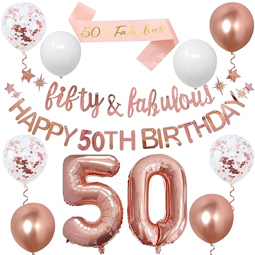 50th Birthday Decorations Include Rose Gold Fifty & Fabulous Banner,Happy 50th Birthday Banner Sash Ribbon and Balloons for Women Party Birthday Decoration