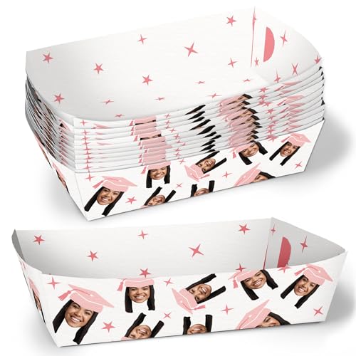 Big Dot of Happiness Custom Photo Pink Graduation Paper Food Trays, Disposable Food Boats, Personalized Face Cutout Party Decor, Double-Sided Meal Holders for Nachos, Hot Dogs, Popcorn - 12 Ct