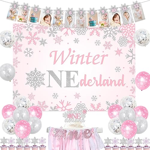 Image of Winter Onederland 1st Birthday Decorations Girls, Pink Silver Balloon Backdrop Snowflake 12 Months Photo Banner Cake Cupcake Topper One High Chair Banner for Girls 1 Year Old Birthday Party
