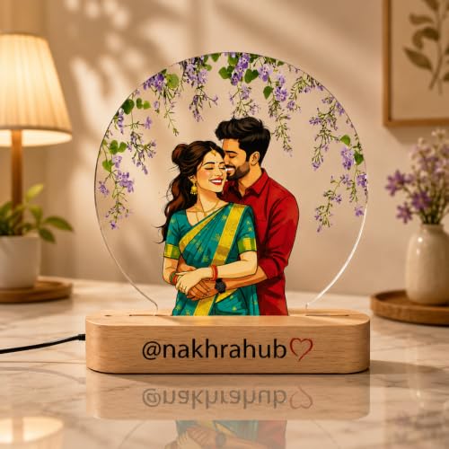Image of Personalized Couple Photo Acrylic LED Lamp | Custom Romantic Night Light with Floral Artwork & Wooden Base | Anniversary, Wedding, Engagement, Valentine's Day Gift (Design 1)