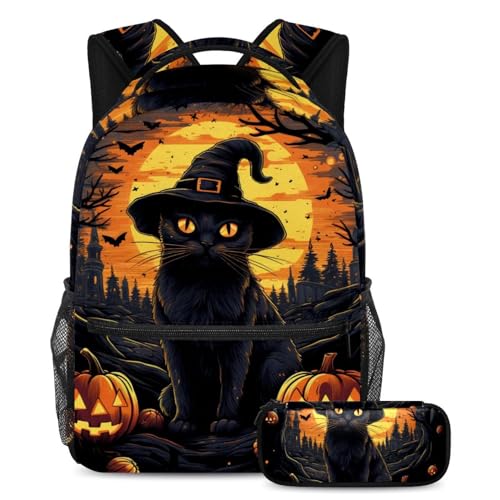 Sac d'école chat noir avec trousse assortie pour enfants et élèves