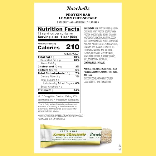 Image of Barebells Protein Bars Lemon Cheesecake - Pack of 12, 20g High Protein Treats - Chocolate Nutrition Bar with 1g Total Sugars - On-The-Go Breakfast or Post-Workout Snack
