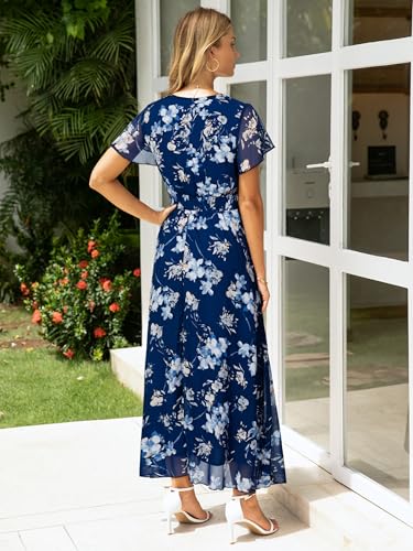 Image of Simplee Womens Floral Maxi Dress - Short Sleeve Summer Boho Wedding Guest Dress Empire Waist Chiffon Modest Midi Dresses