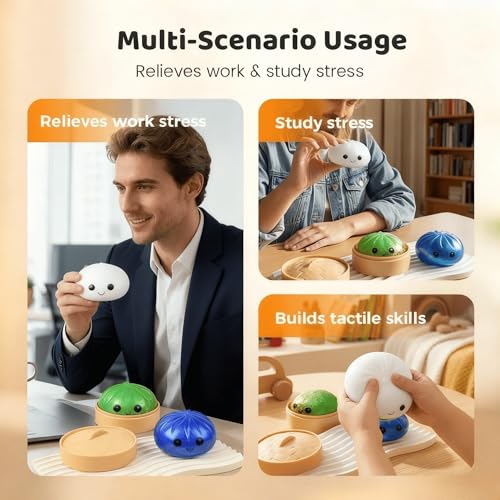 Image of Dumpling Squishy, Glitter Dumpling Squishy, Squishiest Dumplings with Steamer Box, Stress & Anxiety Relief Toys for Kids & Adults Non-Edible (Glitter White)