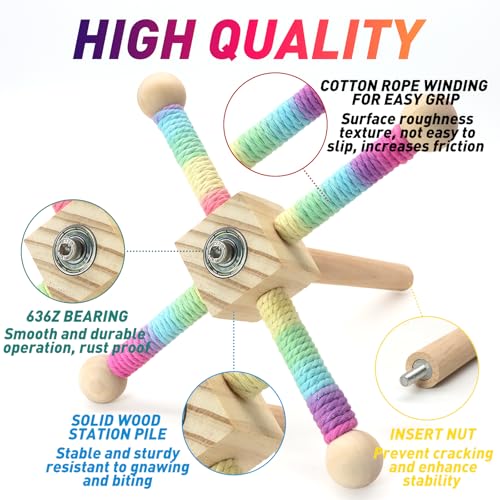 Image of Bird Stand Perch Toy, 360 Rotating Bird Perch Toy Cage Accessories Interactive Spinning Parakeet Wooden Exercise Wheel Parrot