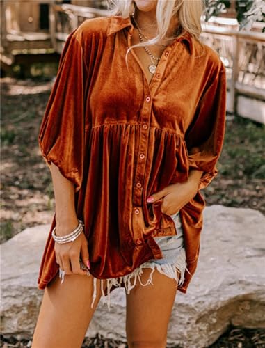 Melliflo Womens Velvet Dress Button Down T Shirt 3/4 Sleeve Tunic Tops Casual Lapel Babydoll Mini Dress4