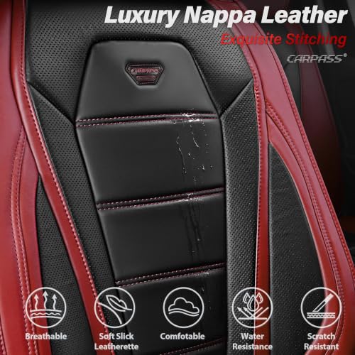 Image of CAR PASS Nappa Leather Car Seat Covers Full Set Faux Leather, Black Red | Luxury Nappa Leather,360 Full Protection,Water resistant,3D Foam Comfort,Universal Fit for Most Cars SUV Truck,Scratch proof