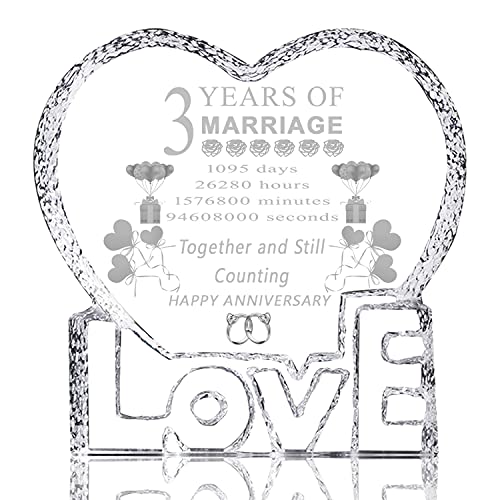 3 Year 3rd Wedding Anniversary Gift Laser Crystal Heart Marriage Keepsake Decoration for Couple Friends Women Man Mom Dad Parents Him Her Husband Wife