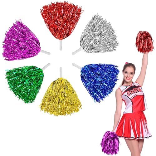xutong 12 Stücke Cheerleader-Pompons, Hell Metallic Cheers Ball Zum, Schule Sport Prost Tanz Verrücktes Kostüm Kleid Nacht Party .(Gold, Silber, Blau, Rosenrot, Grün und Rot)