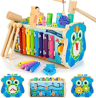 7-in-1 Wooden Hammering Pounding Toy for Kids, Whack-a-Mole Game with Magnetic Woodpecker Worms Fish Rod Montessori Educational Activity Toys with Hammers & Mallets Gift for Toddlers Age 1 2 3