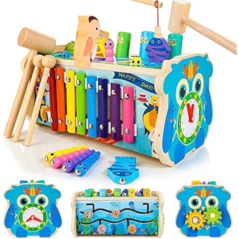 7-in-1 Wooden Hammering Pounding Toy for Kids, Whack-a-Mole Game with Magnetic Woodpecker Worms Fish Rod Montessori Educational Activity Toys with Hammers & Mallets Gift for Toddlers Age 1 2 3 Cover