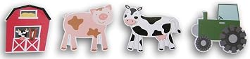 Farm Animals Painted Wood Cutout Shapes - 4 Mini Pieces - Barn, Cow, Pig, Tractor