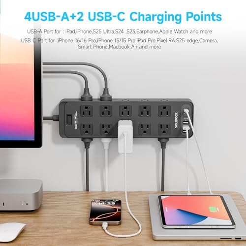 20AC Power Strip with USB Ports, Heavy Duty Surge Protector Power Strip 15 Amp, 6Ft Extension Cord with Multiple Outlets (Black, 6.5FT)