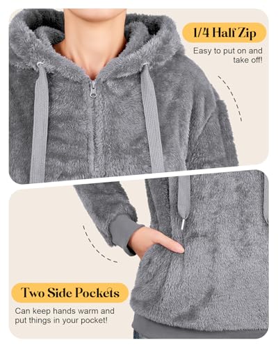 Century Star Womens Fuzzy Hoodies Pullover Sport Hoodie Cozy Oversized Pockets Hooded Sweatshirt Athletic Fleece Hoodies Grey X-Large