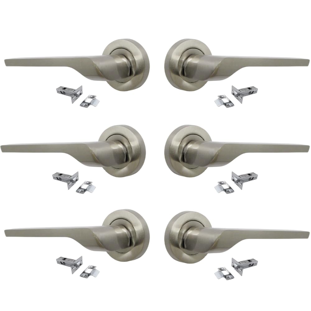 Modern Satin Nickel Lever on Rose Plate Door Handle UNO + Tubular Latch 6 Pairs