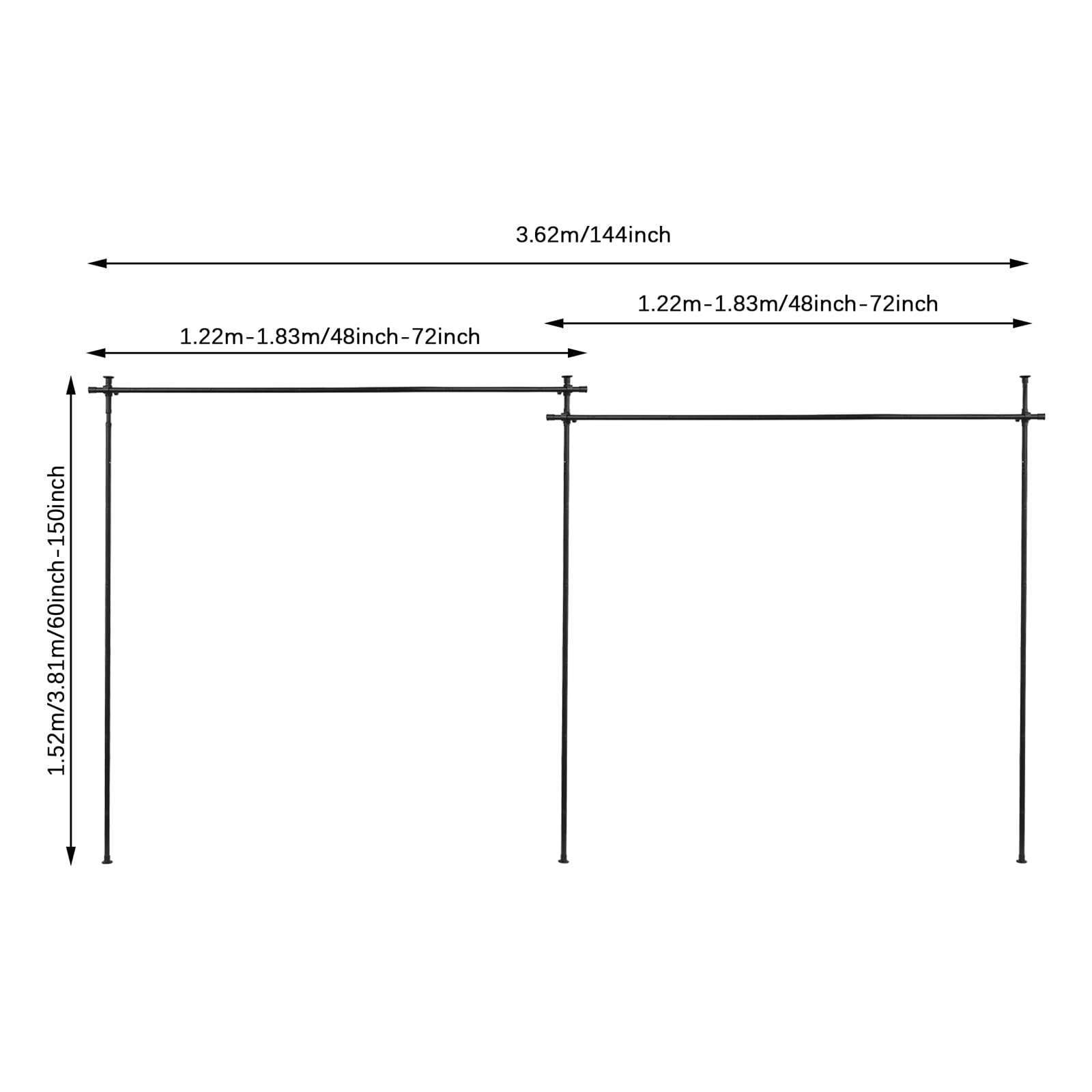 Tringle à rideaux extensible - Séparateur de pièce - Pour salon, balcon - Réglable de 1,22 à 1,83 x 1,52 à 3,81 m (L x H) - Noir