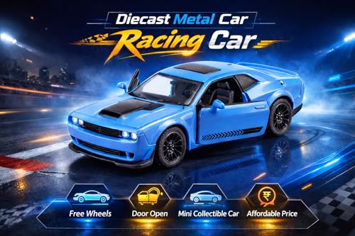 Image of 4 PCS Diecast Car Set 1:64 Scale - Dodge Challenger (Opening Doors) + Shelby Cobra + Jimny SUV + Classic Beetle | Metal Toy Cars | Mini Collectible Cars for Kids Boys & Collectors