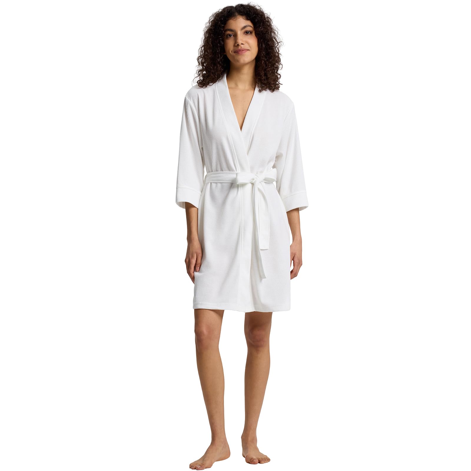 Women's Waffle Knit Lightweight Robe, Short Kimono Bathrobe with Pockets, Soft 3/4 Sleeve Loungewear for Spa & Summer