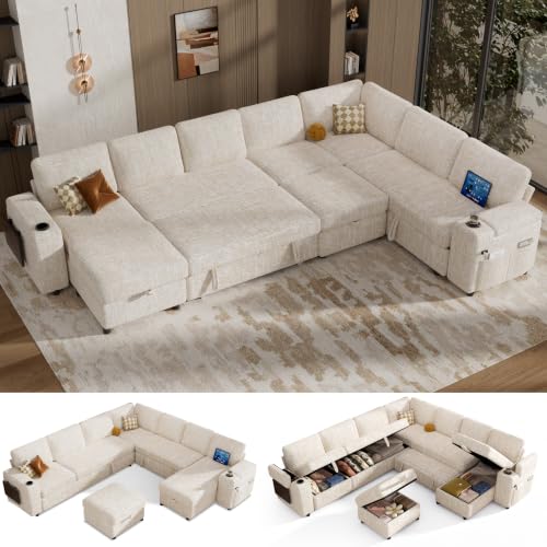 Vipbear 130" Modular Sectional Sleeper Sofa with Pull Out Bed, 9 Seat Chenille U Shaped Couch with Ottoman and Chaise|USB Ports|Cup Holders|Side Table, Tool Free Assembly, Beige