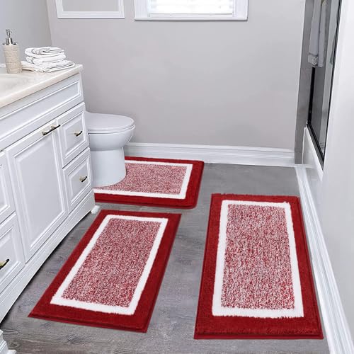 Pauwer 3 Piece Bathroom Shower Rugs with U-Shaped Contour Toilet Mat, Absorbent Microfiber Plush Bath Mats, Non Slip, Machine Washable Shaggy Bathroom Floor Mats, Red