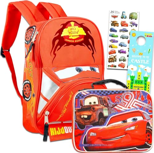 Disney Cars Backpack with Lunch Box Set - Bundle with 16” Lightning McQueen Backpack, Cars Lunch Bag, Stickers, More | Disney Cars School Supplies