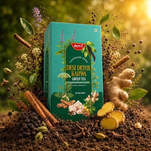 Image of BOVI Desi Detox Kahwa Green Tea, 30 Bags | Caffeine-Free | Helps Support Gut Health, Digestion & Antioxidants