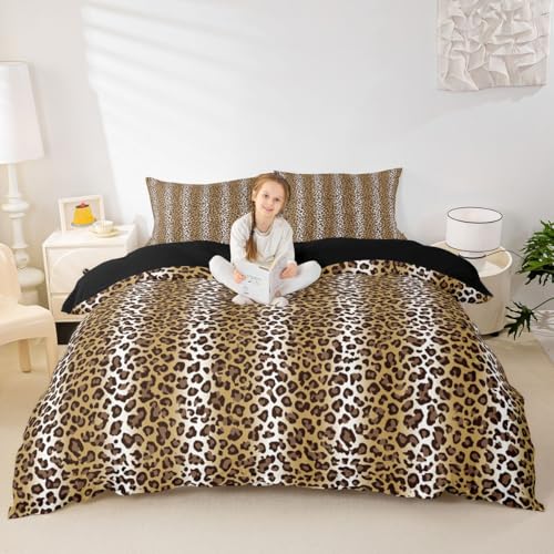 Housse de Couette 220x240cm Léopard Réversible Brun en Parure
