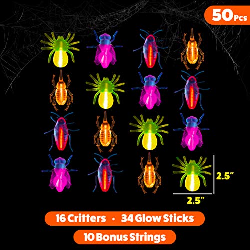 PartySticks Glow Critters 50pk Glow in The Dark Bug Toys and Glow Sticks - 2.5 Inch Fake Bugs Party Favors, Glow in The Dark Halloween Party Decorations with 16 Fake Bugs and 34 Mini Glow Sticks